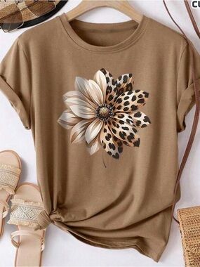 SHEIN Brown Floral Leopard Graphic Short Sleeve Tee